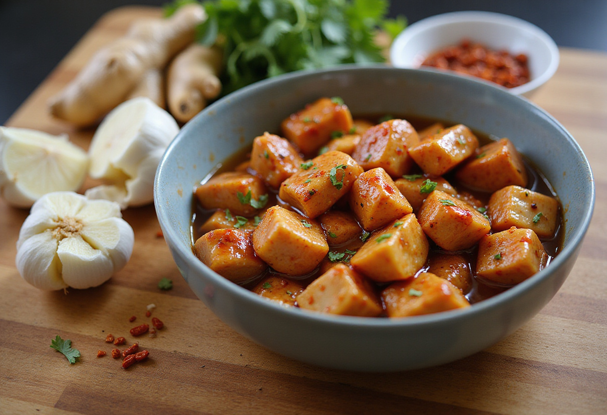 Hot Honey Chicken Bowl ingredients showing chicken marinated in spicy honey sauce, garlic, ginger, and chili flakes.
