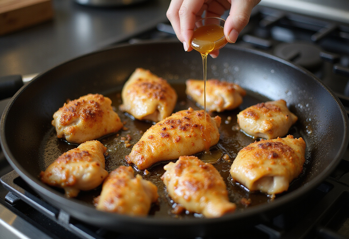 Cooking hot honey chicken in a skillet, showcasing pieces turning golden brown in honey glaze.