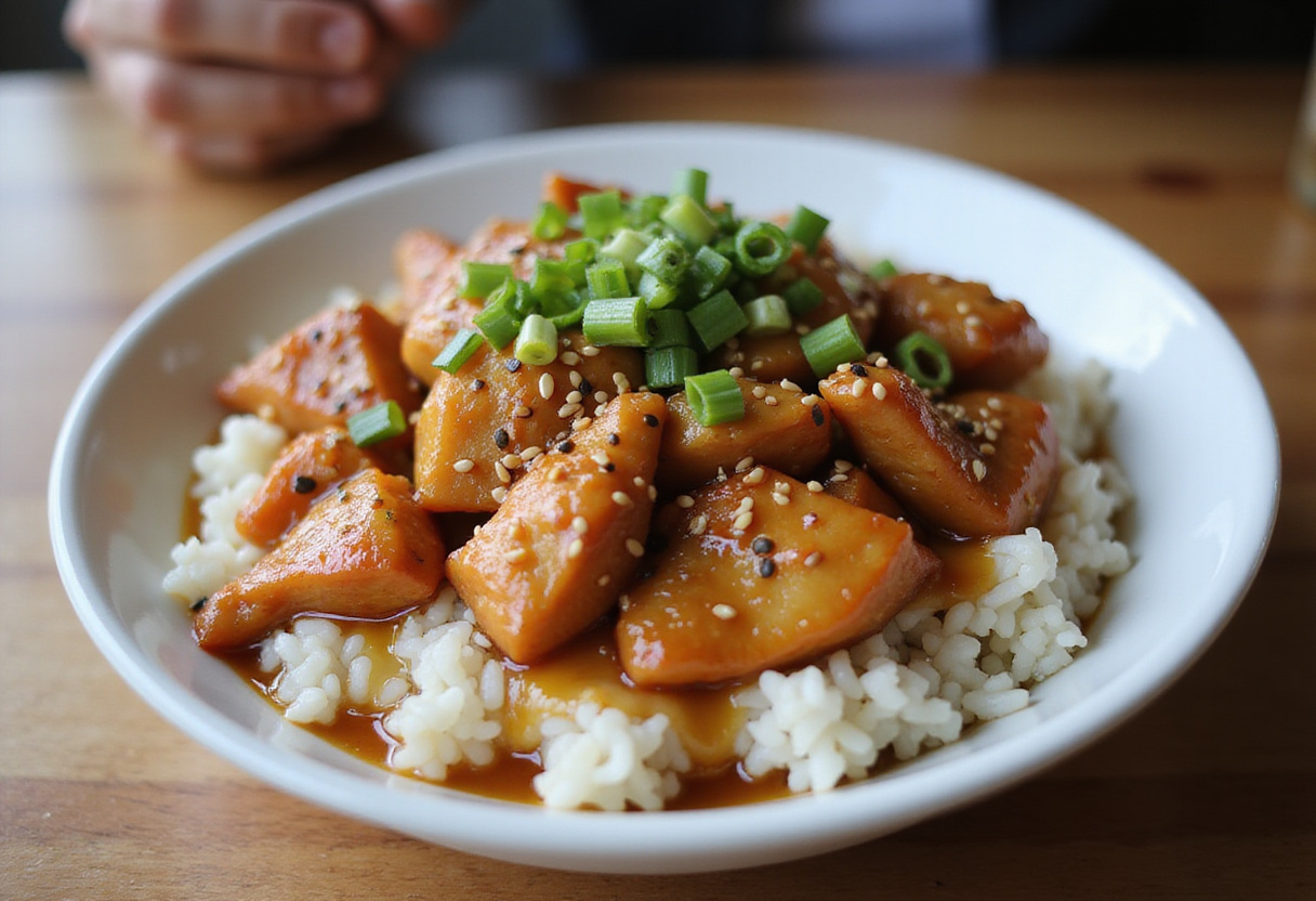 Final presentation of a hot honey chicken bowl showcasing chicken on rice with vegetables, sesame seeds, and honey glaze.
