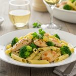 Delicious chicken and broccoli pasta served on a plate, showcasing a perfect home-cooked meal.