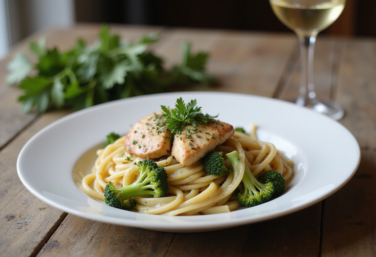 Delicious chicken and broccoli pasta served on a plate, showcasing a perfect home-cooked meal.