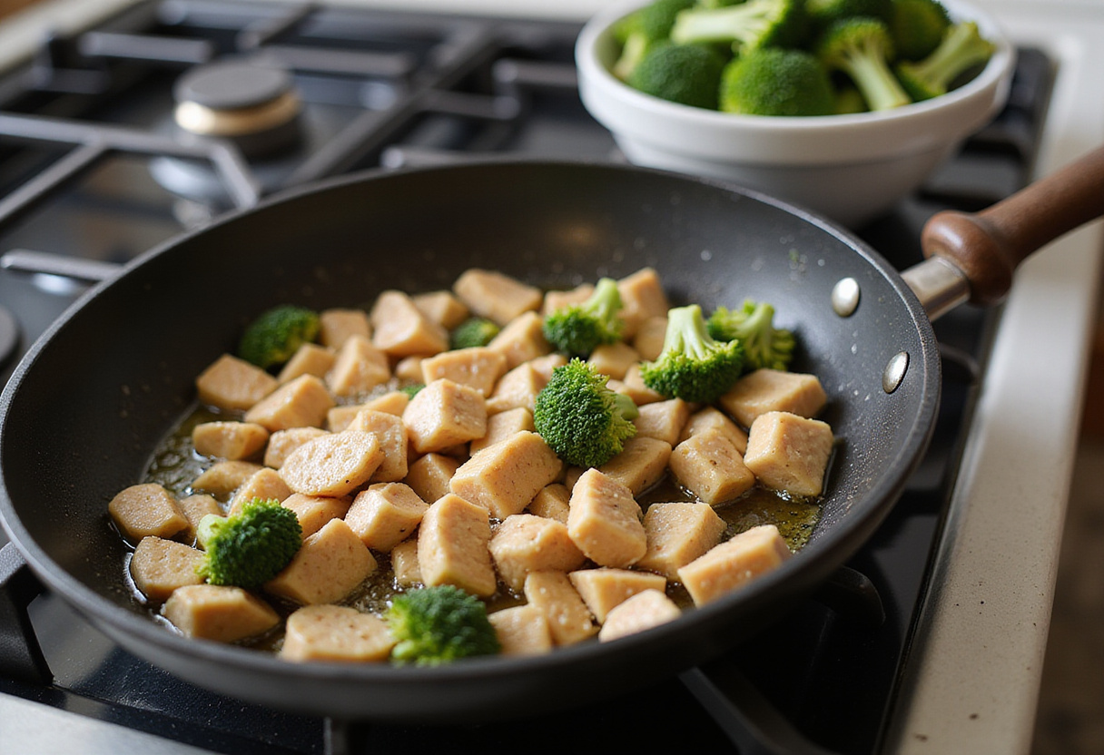 Cooking diced chicken and fresh broccoli for a chicken and broccoli pasta recipe.