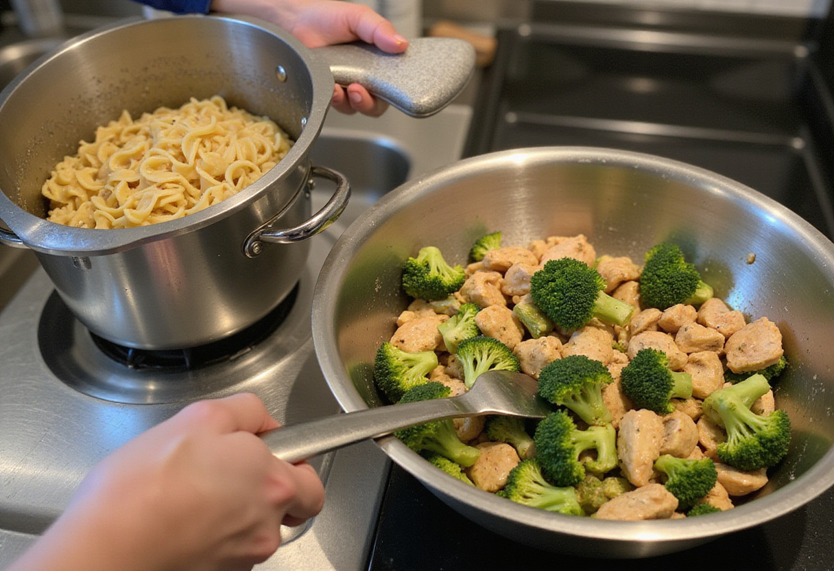 Draining the pasta to combine with chicken and broccoli for a delicious pasta meal.