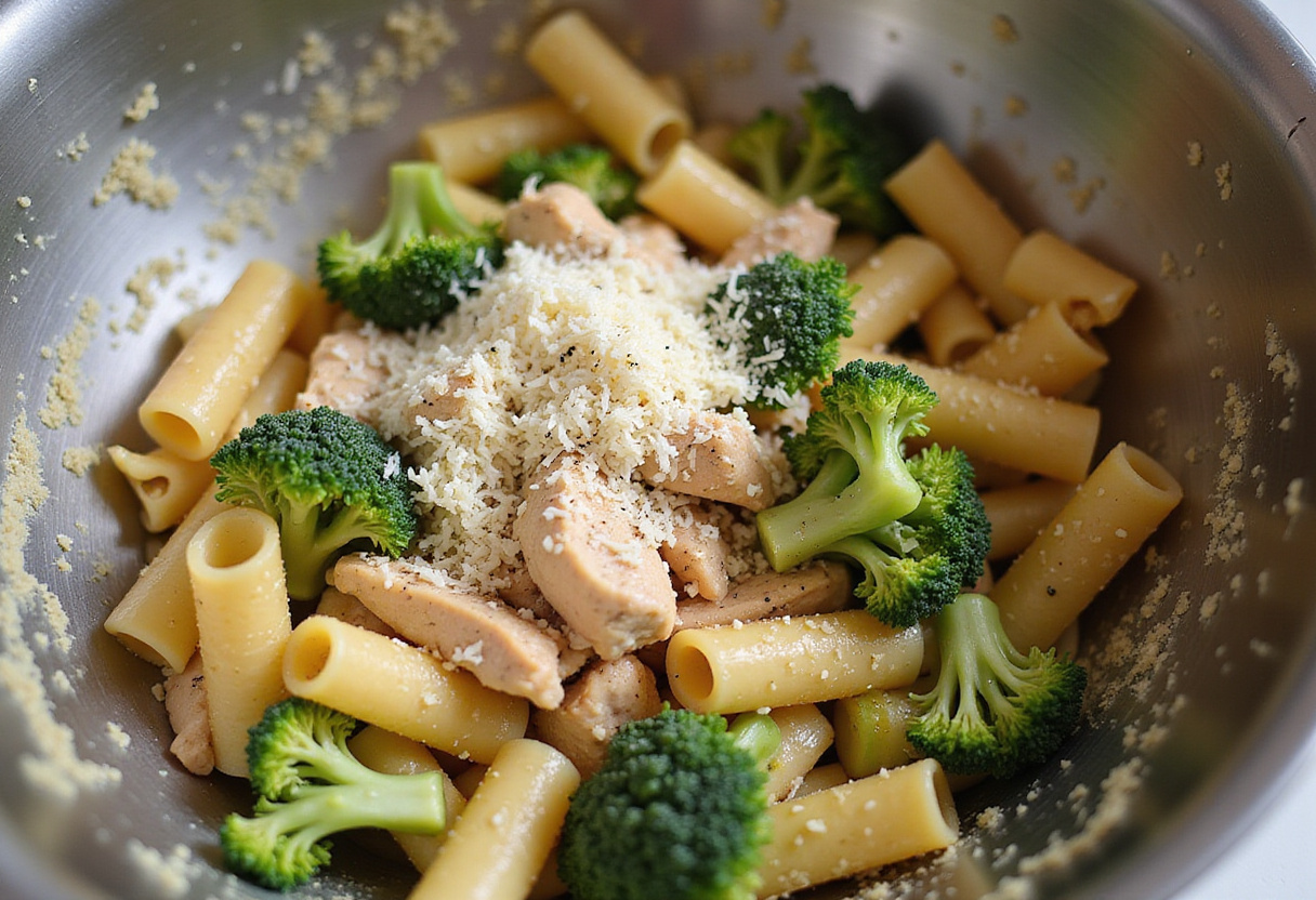 Mixing chicken, broccoli, and pasta together, preparing a flavorful chicken and broccoli pasta dish.