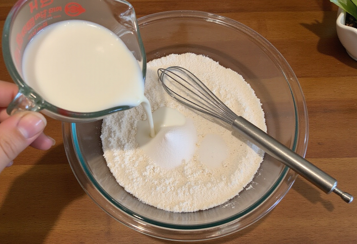 Making cruffins with warm milk and flour mixture on a wooden countertop, perfect for a delicious cruffin recipe.