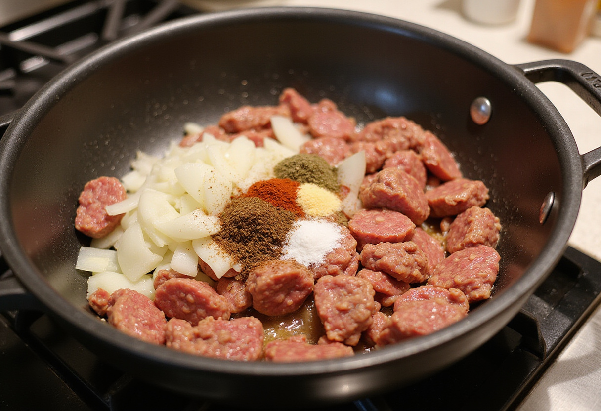 Creating a rich meat sauce for the best Maggiano's Lasagna with ground beef and Italian sausage, featuring diced onions and garlic for flavor.
