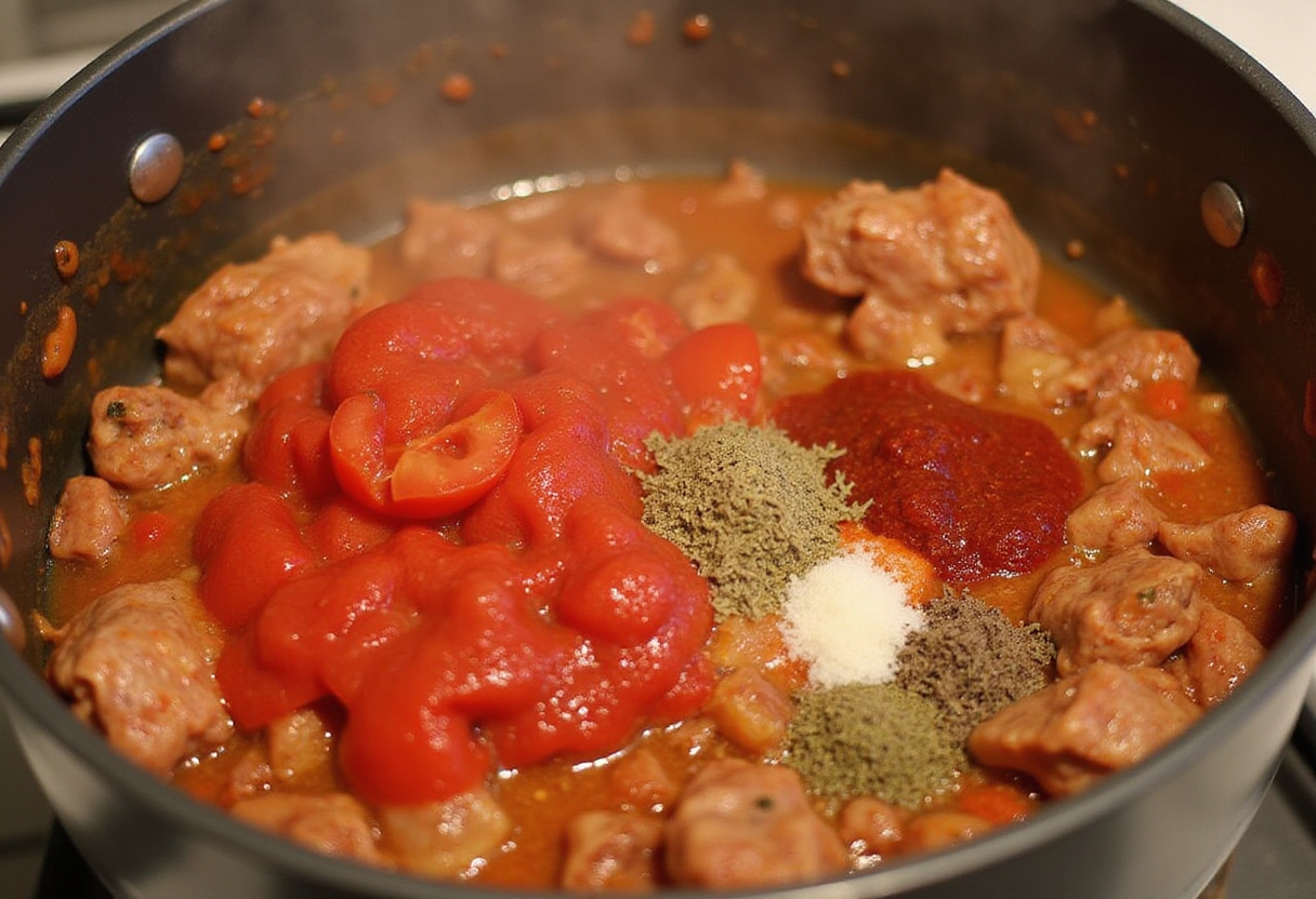 Simmering a flavorful tomato sauce for lasagna, combining crushed tomatoes and spices for the ultimate Maggiano's Lasagna flavor.