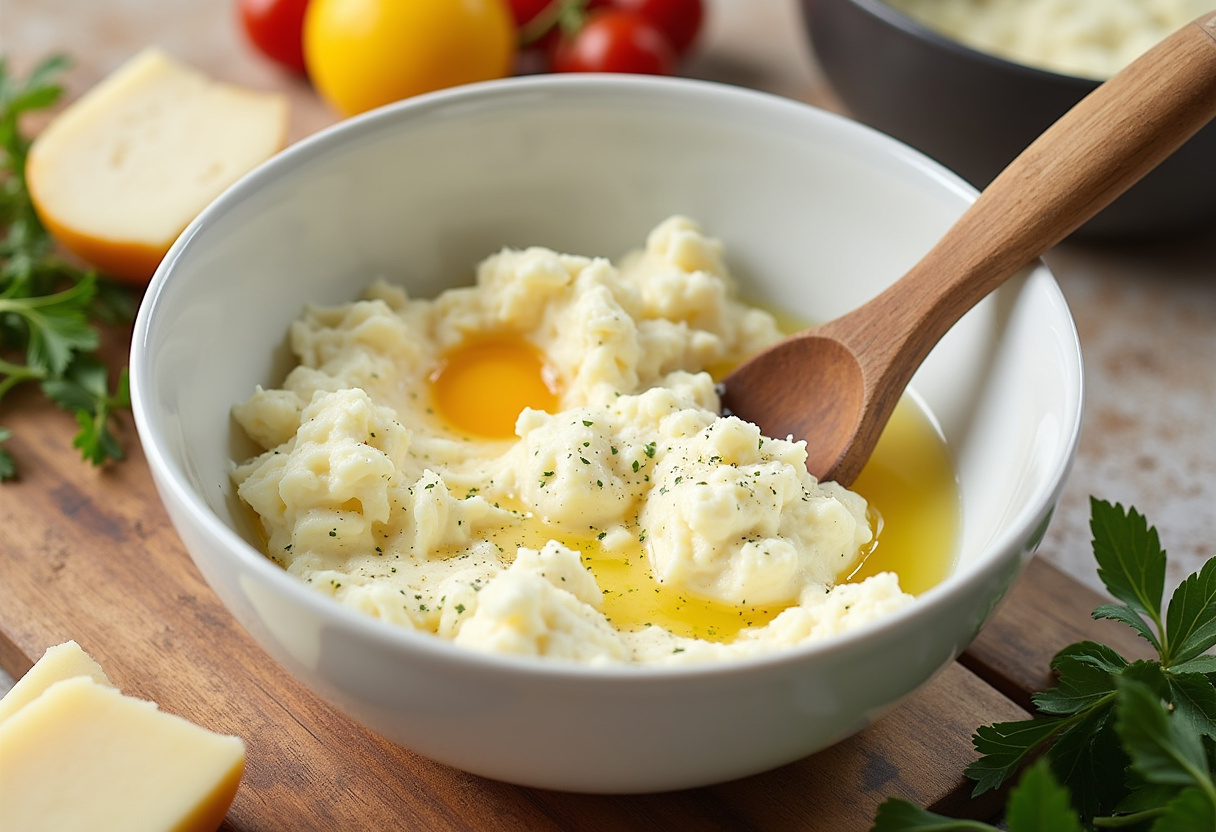 Preparing the creamy ricotta filling for lasagna, blending ricotta with egg and Parmesan for a delicious Maggiano's Lasagna layer.