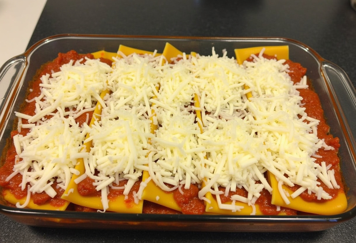 Assembling the best Maggiano's Lasagna with layers of meat sauce, noodles, ricotta, and mozzarella cheese in a baking dish, ready for baking.