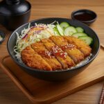 Final presentation of Japanese Katsu Bowls with Tonkatsu Sauce, showcasing delicious chicken cutlets, rice, and fresh vegetables.