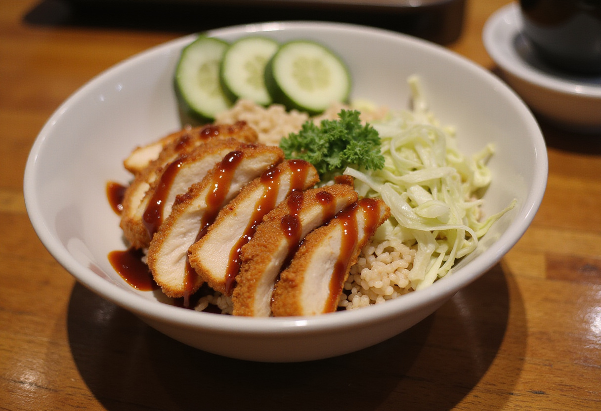 Final presentation of Japanese Katsu Bowls with Tonkatsu Sauce, showcasing delicious chicken cutlets, rice, and fresh vegetables.