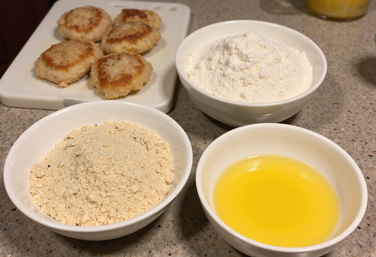 Preparation of Japanese Katsu Bowls with Tonkatsu Sauce - panko breadcrumbs, seasoned flour, and beaten eggs for breading chicken.