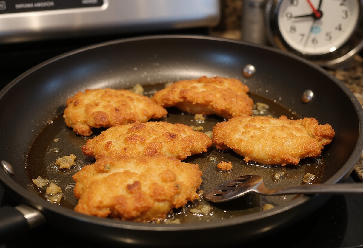 Frying chicken cutlets for Japanese Katsu Bowls, showcasing crispy golden-brown texture in a pan.