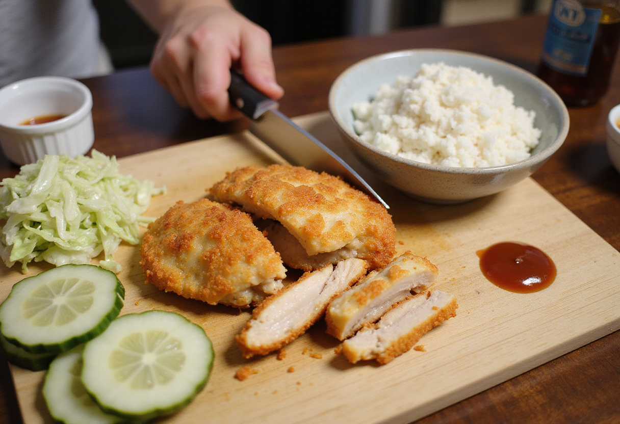 Plating preparation for Japanese Katsu Bowls, featuring sliced chicken cutlets, rice, cucumbers, cabbage, and Tonkatsu sauce.
