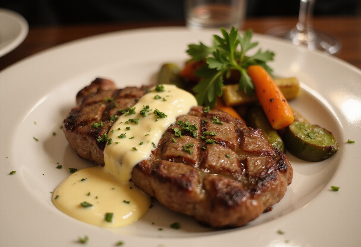 Final presentation of juicy steak with creamy garlic sauce, perfect for dinner party recipes.