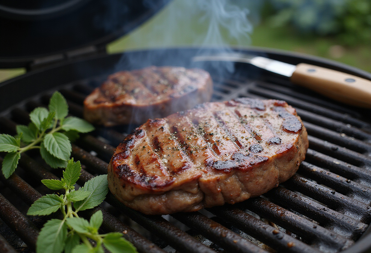 Juicy steak on the grill, grilling tips, fresh herbs enhancing flavor.
