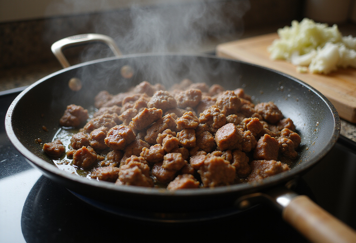 Korean Ground Beef Bowl preparation with sizzling ground beef, diced onions, and garlic in a skillet for flavor enhancement.