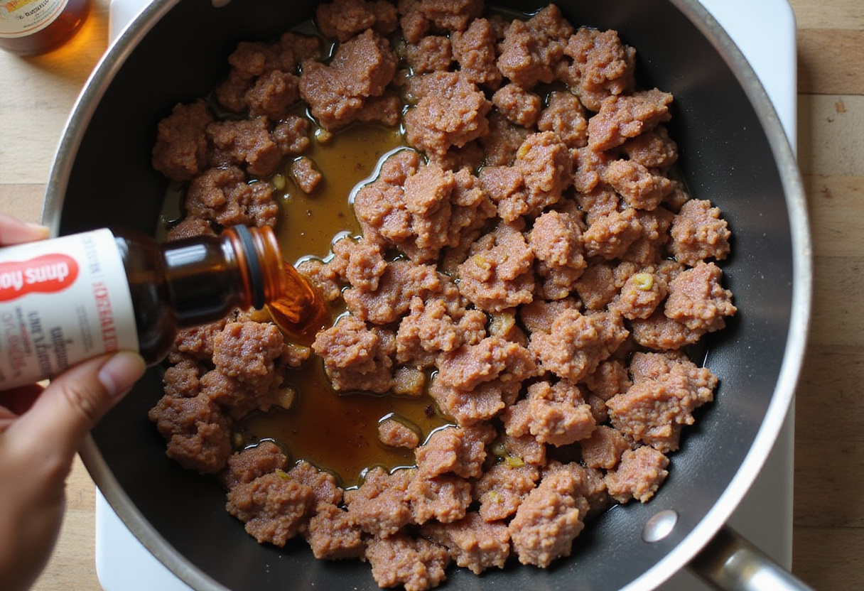 Flavorful Korean Ground Beef Bowl with soy sauce and spices being added to sizzling ground beef mixture for a delicious taste.