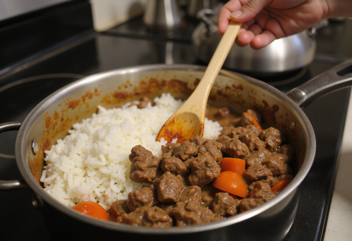 Cooking rice as a side for Korean Ground Beef Bowl, providing a perfect complement to the savory beef mixture.
