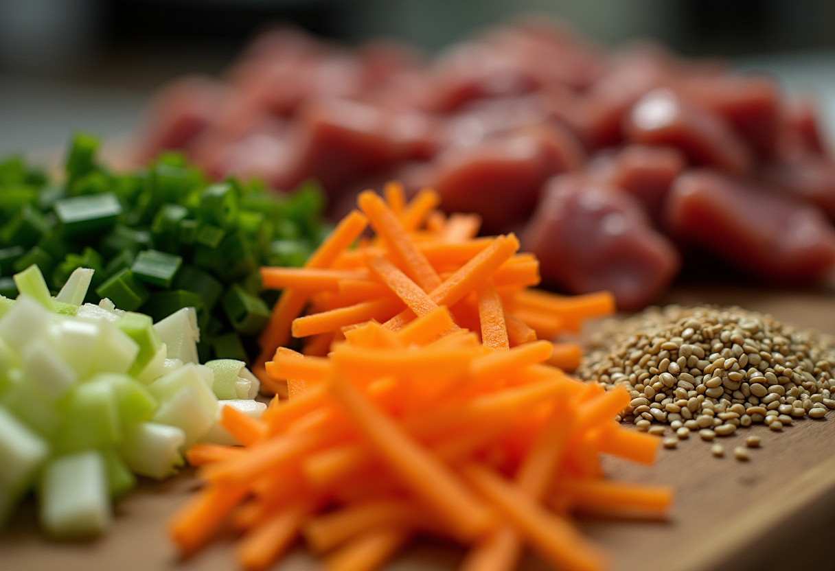 Garnishing ingredients for Korean Ground Beef Bowl, including green onions, carrots, and sesame seeds, to enhance visual appeal.
