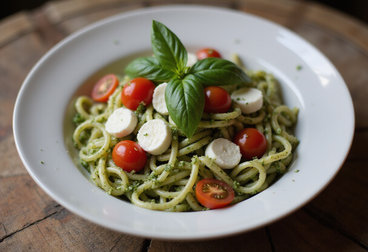 Delicious Light and Creamy Pesto Caprese Pasta Salad served with fresh ingredients like basil, tomatoes, and mozzarella, perfect for any gathering.