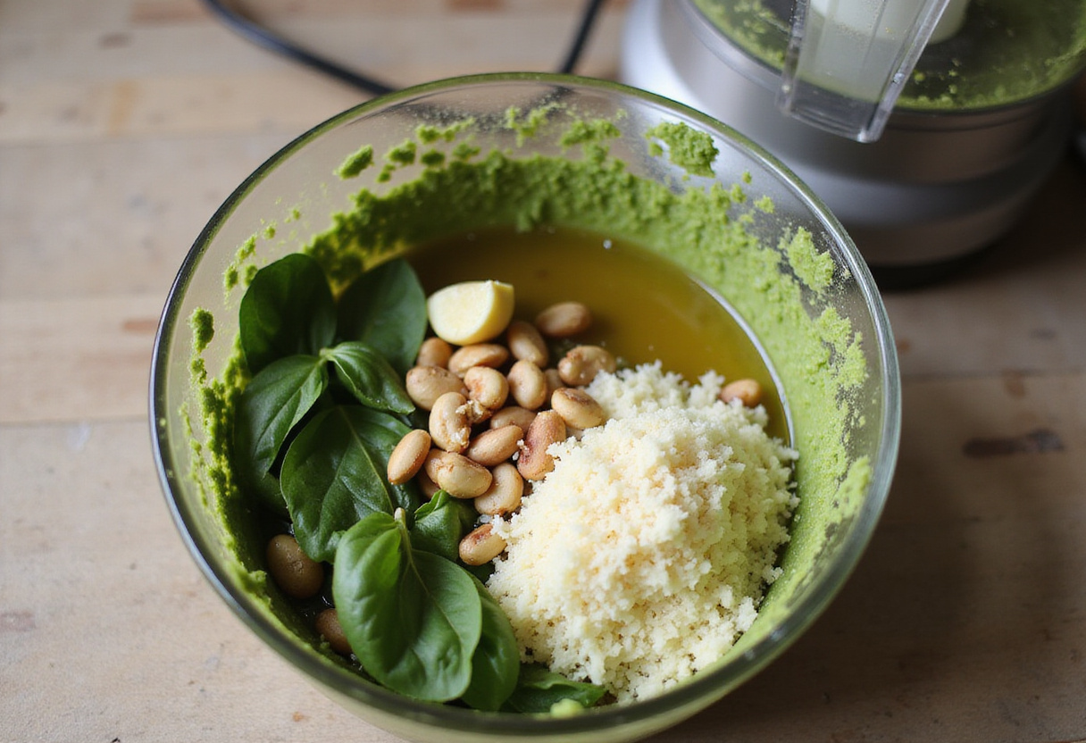 Making homemade pesto for Light and Creamy Pesto Caprese Pasta Salad using fresh basil, garlic, and Parmesan cheese.
