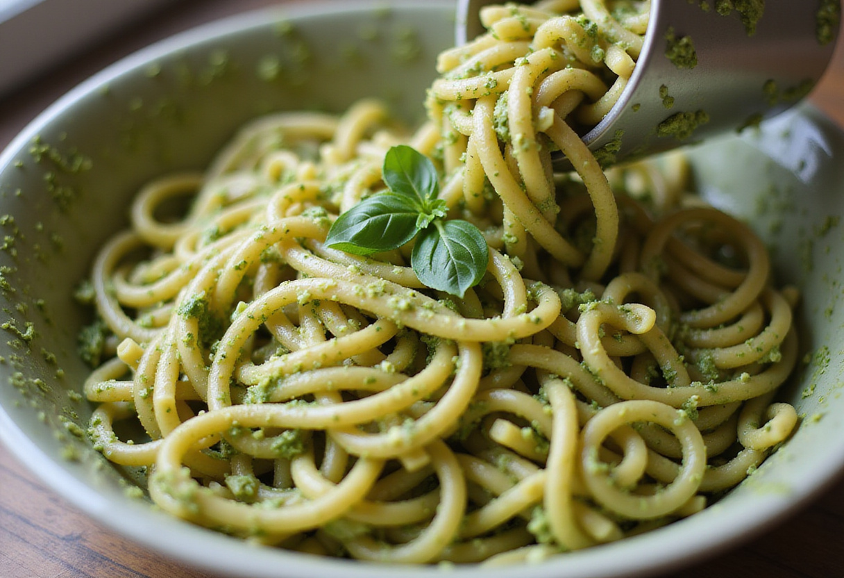 Mixing cooked pasta with vibrant homemade pesto for a delicious Caprese Pasta Salad.
