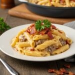Delicious Loaded Bacon Cheeseburger Alfredo Pasta presentation, featuring rich flavors and garnished with crispy bacon.