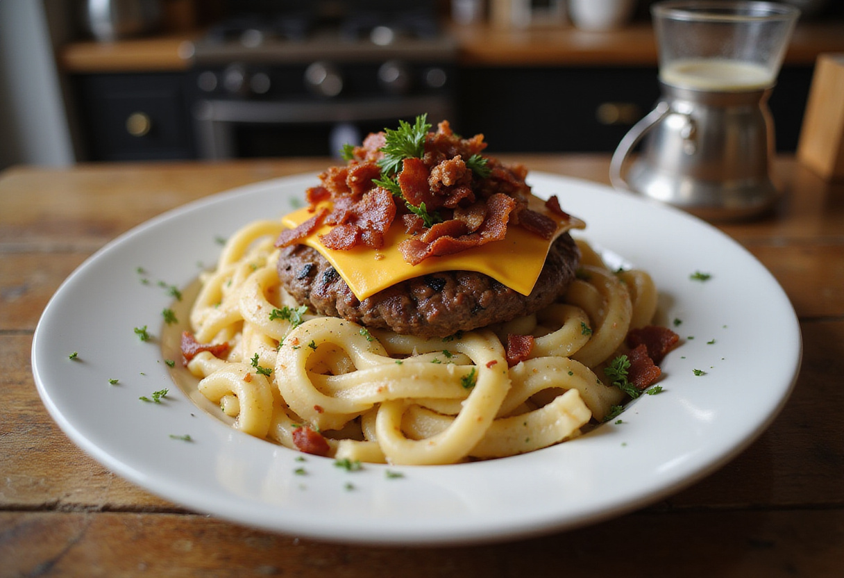 Delicious Loaded Bacon Cheeseburger Alfredo Pasta presentation, featuring rich flavors and garnished with crispy bacon.