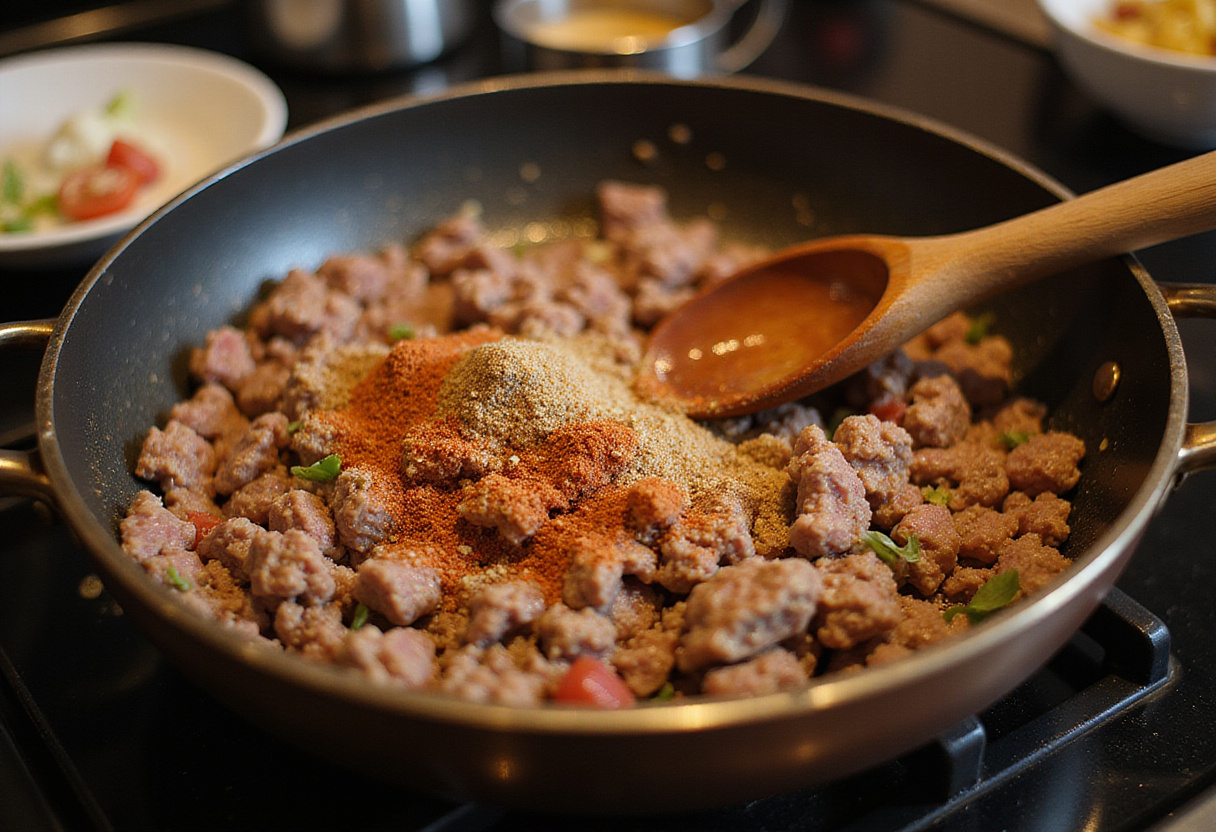 Browning ground beef for Loaded Bacon Cheeseburger Alfredo Pasta, infusing it with spices and rich flavors.