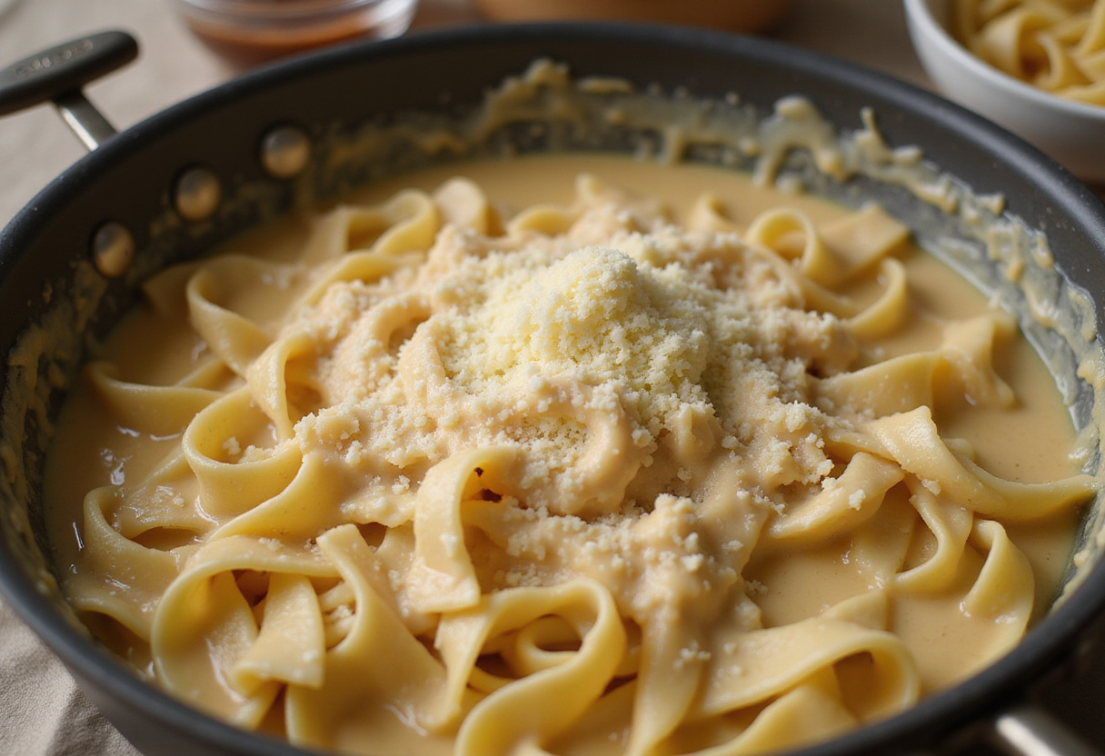 Preparing creamy alfredo sauce for Loaded Bacon Cheeseburger Alfredo Pasta, ready to mix with pasta and toppings.