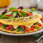 Final result of a loaded veggie cheese omelette, visually appealing and served with toast, perfect for a hearty breakfast.