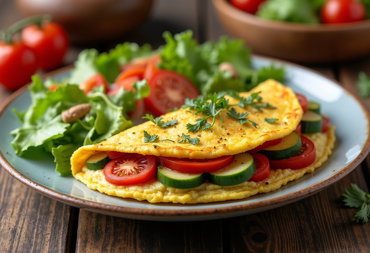 Final result of a loaded veggie cheese omelette, visually appealing and served with toast, perfect for a hearty breakfast.