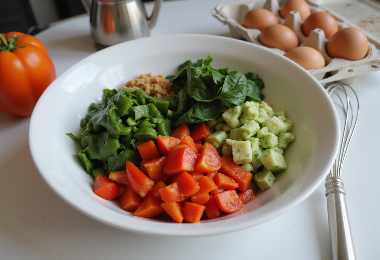 Fresh vegetables for a loaded veggie cheese omelette, including bell peppers, onions, and spinach, ready for cooking.