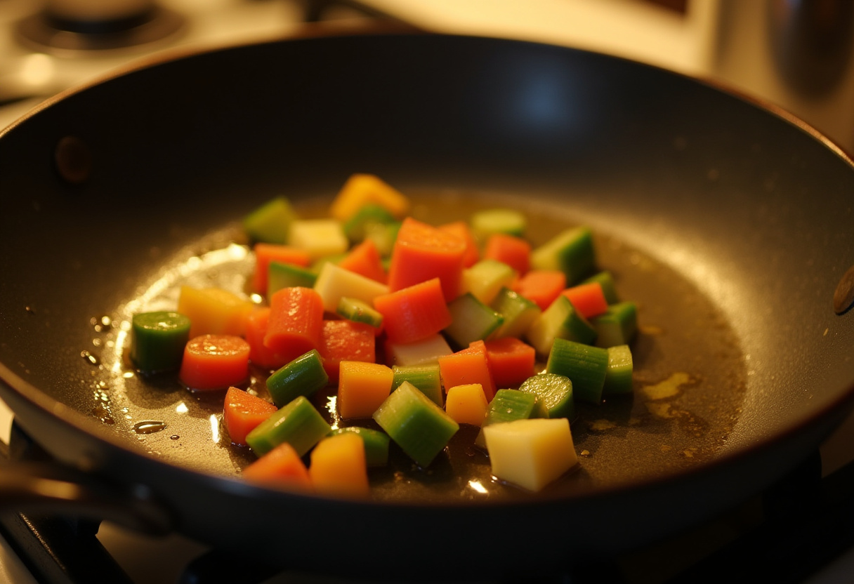 Sautéed colorful vegetables for a loaded veggie cheese omelette, vibrant and inviting in a sizzling frying pan.