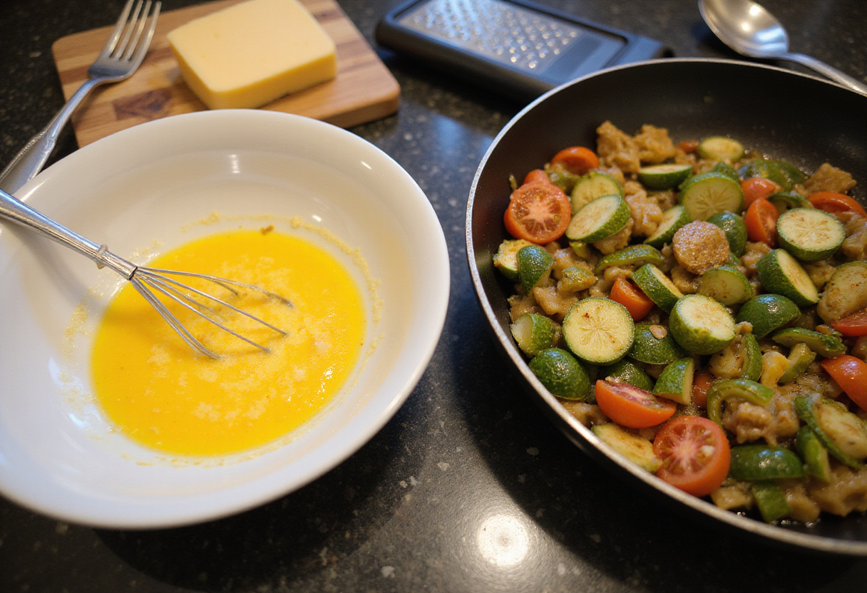 Cooking omelette mixture with sautéed vegetables and cheese in a frying pan, capturing the delicious flavors coming together.