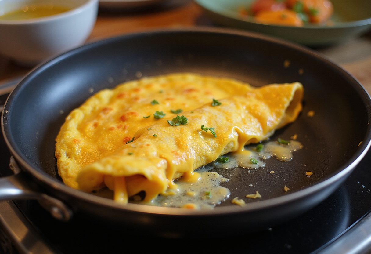 Folding a loaded veggie cheese omelette in a frying pan, showcasing the melted cheese and vibrant vegetable filling.