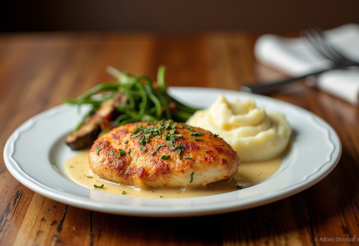Deliciously plated Longhorn Steakhouse Parmesan Chicken an enticing meal ready to be enjoyed, featuring sides of mashed potatoes and vegetables.