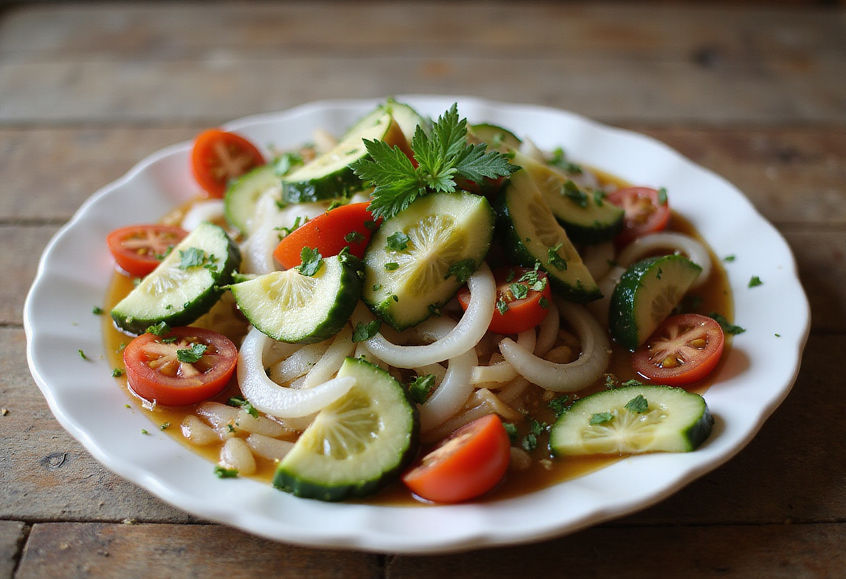 Final presentation of marinated cucumbers, onions, and tomatoes on a platter, showcasing the vibrant colors and fresh ingredients.