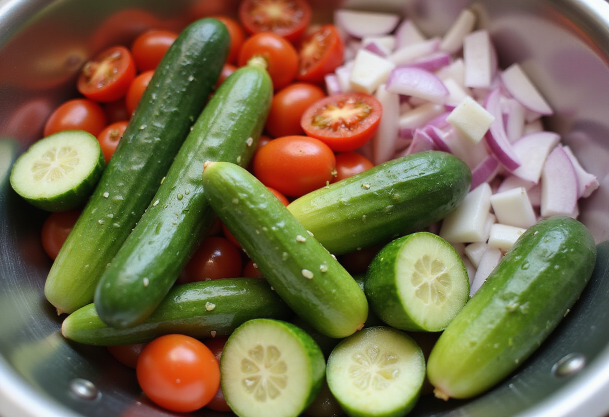 Fresh cucumbers, onions, and tomatoes being washed, perfect for marinated cucumbers, onions, and tomatoes recipe.