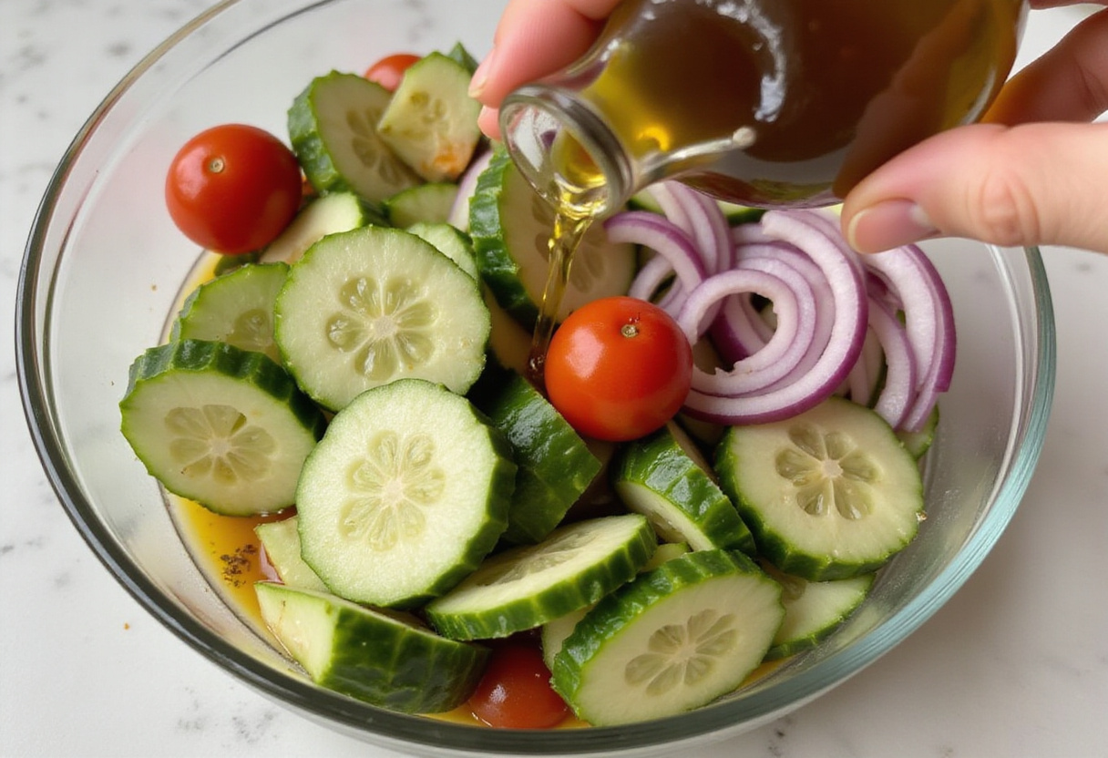 Freshly sliced cucumbers, onions, and tomatoes with marinade, essential for making marinated cucumbers, onions, and tomatoes.