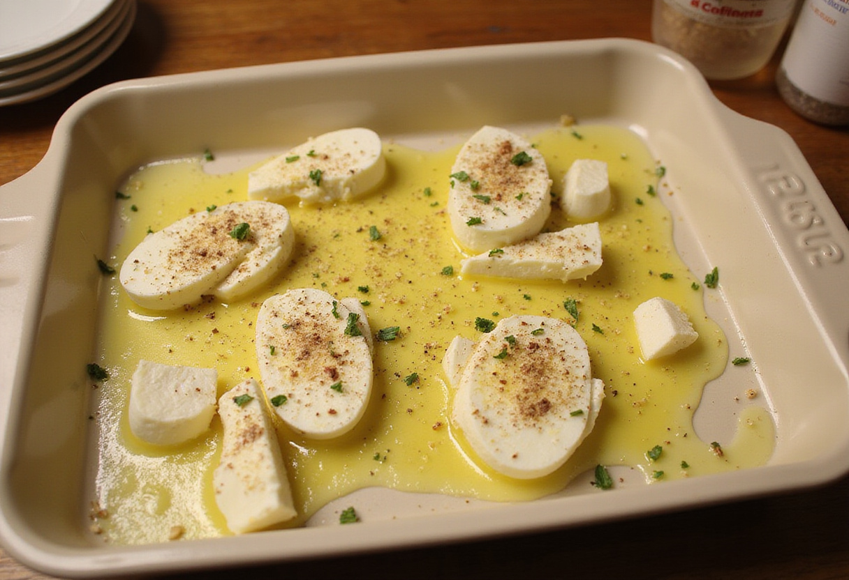 Mediterranean Baked Feta Eggs preparation with olive oil, herbs, and spices in a baking dish.