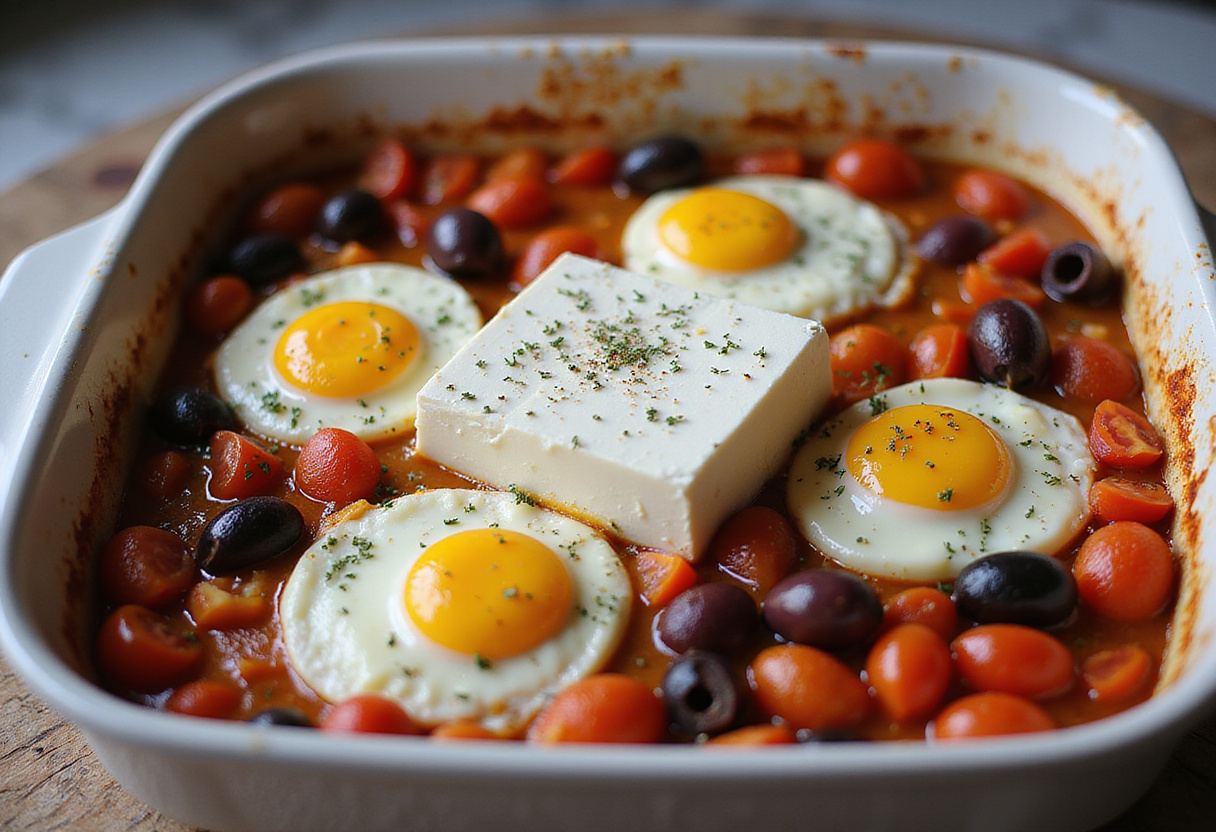 Adding feta cheese, tomatoes, and olives for Mediterranean Baked Feta Eggs dish.