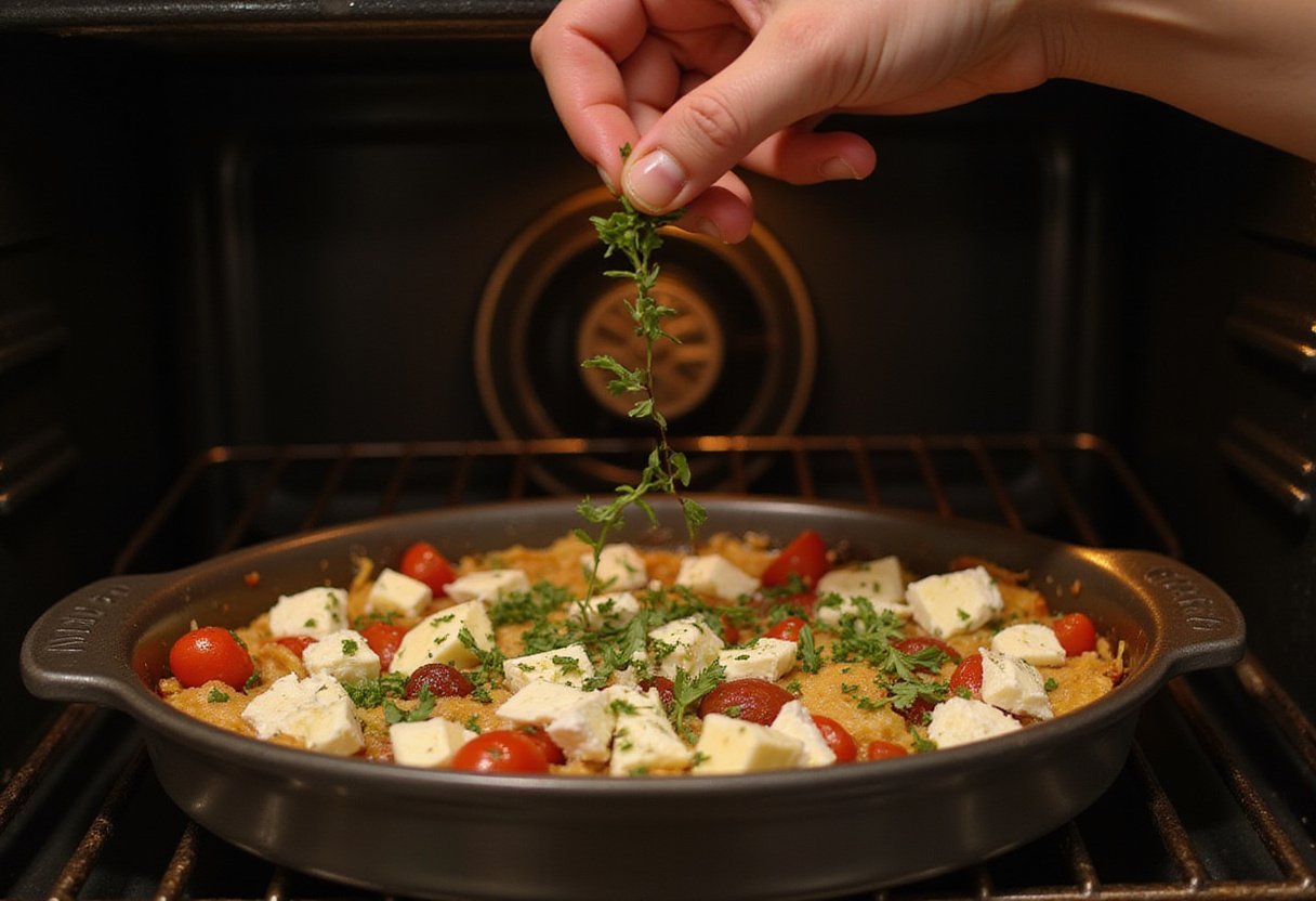 Baking dish ready for Mediterranean Baked Feta Eggs in the oven, seasoned with herbs.