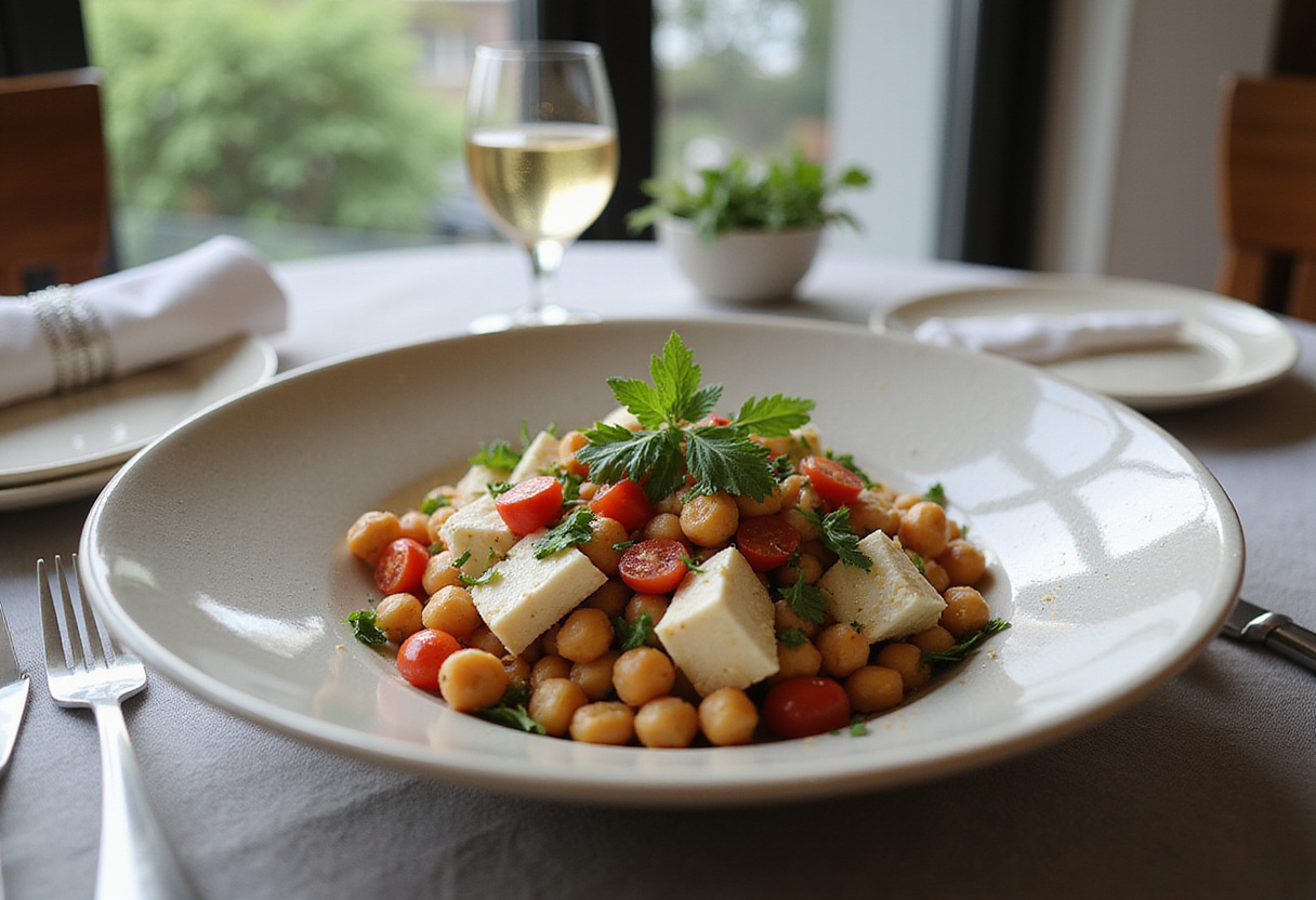 Final presentation of Mediterranean Chickpea Feta Salad, with vibrant colors and fresh ingredients making a delicious and healthy dish.