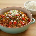 Final presentation of Mediterranean Ground Beef Stir Fry in a bowl with rice, capturing the essence of a wholesome and flavorful dish.