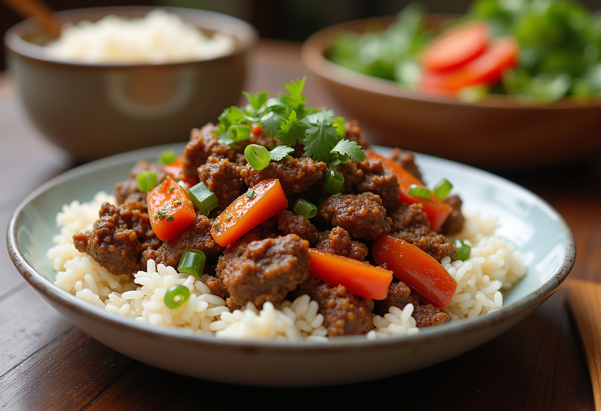 Final presentation of Mediterranean Ground Beef Stir Fry in a bowl with rice, capturing the essence of a wholesome and flavorful dish.