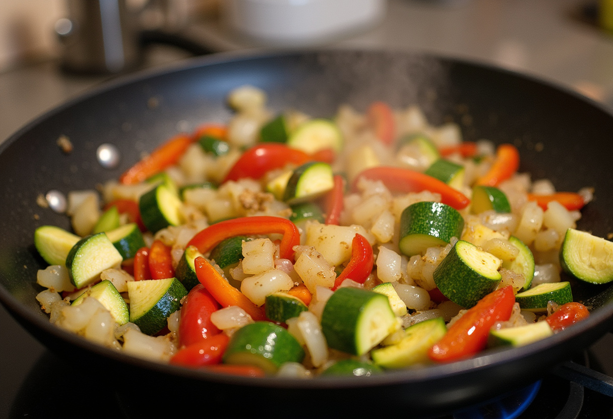 Mediterranean Ground Beef Stir Fry preparation with colorful vegetables like onion, bell peppers, and zucchini being sautéed in a skillet.
