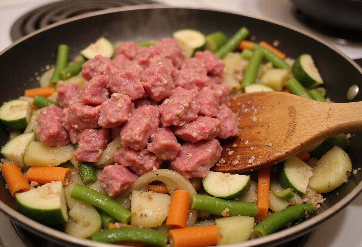 Adding ground beef to a skillet for Mediterranean Ground Beef Stir Fry, enhancing the dish's flavor with fresh vegetables.