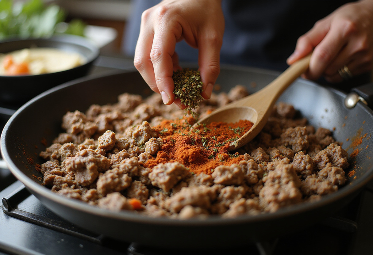 Stirring seasoned beef and vegetables in a skillet for a delicious Mediterranean Ground Beef Stir Fry with aromatic herbs.